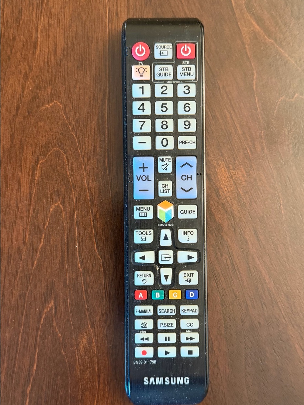 Samsung BN59-01179B
Black Remote with Light Blue and Red Accent Buttons